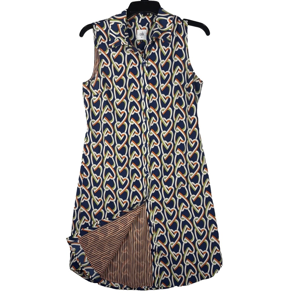 CABI Womens Sleeveless Button Front Heart Dress XS Blue Orange Style #5370